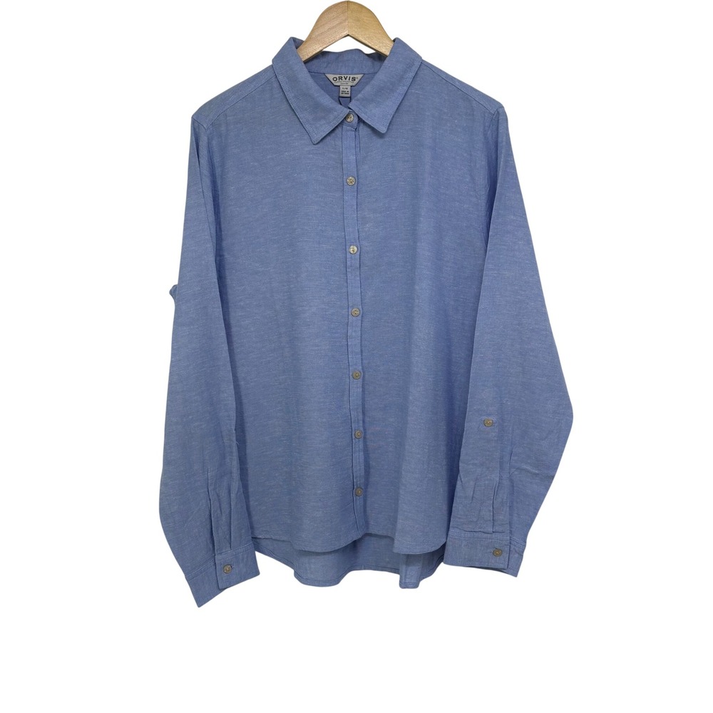 Orvis Womens Blue Linen Blend Long Sleeve Roll Tab Button Up Top L Coastal Beach